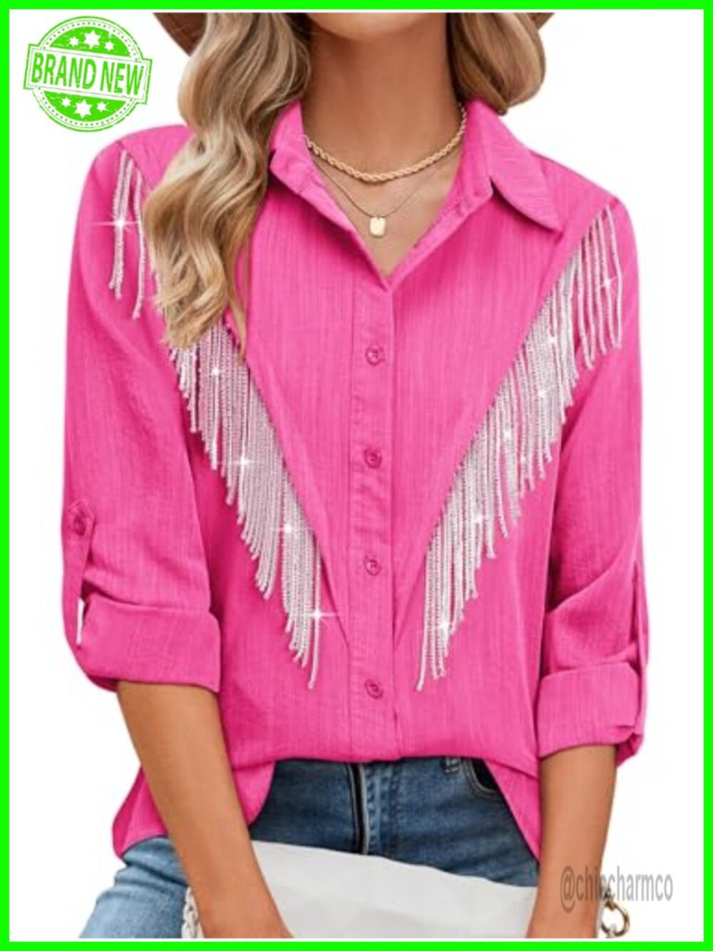 Womens Rhinestone Fringe Button Down Shirt Western Cowgirl Concert Top